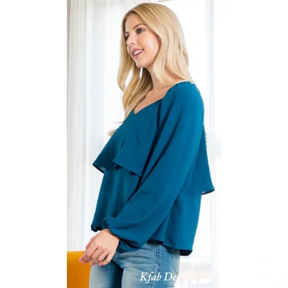 ❤️LAST 1! TEAL SWEATHEART NECKLINE TIERED RUFFLE PUFF SLEEVE TOP! - Picture 5 of 8